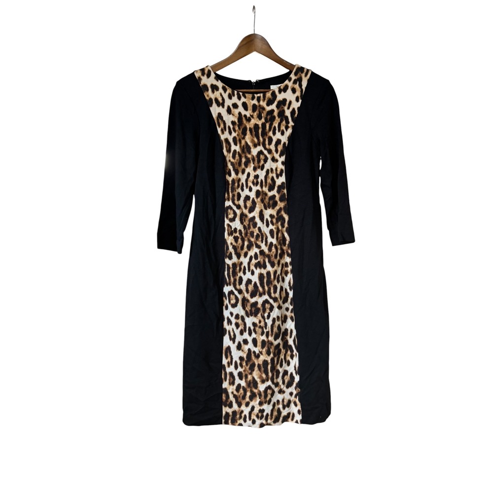 Chicos So Slimming Sheath Dress Women 4 Black Leopard Print Excellent 3/4 Sleeve